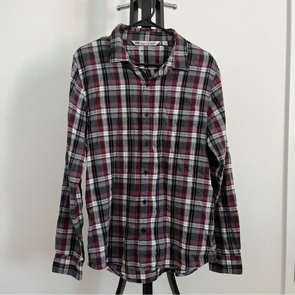 Travis Mathew Lightweight Flannel 100% Cotton Grey White Burgandy Check Size L